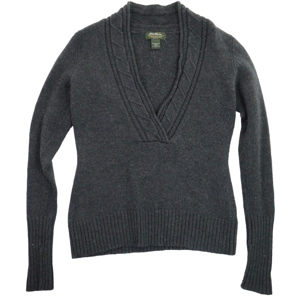 Eddie Bauer Sweater Merino Wool Cable Knit Thick V-Neck Gray Women L